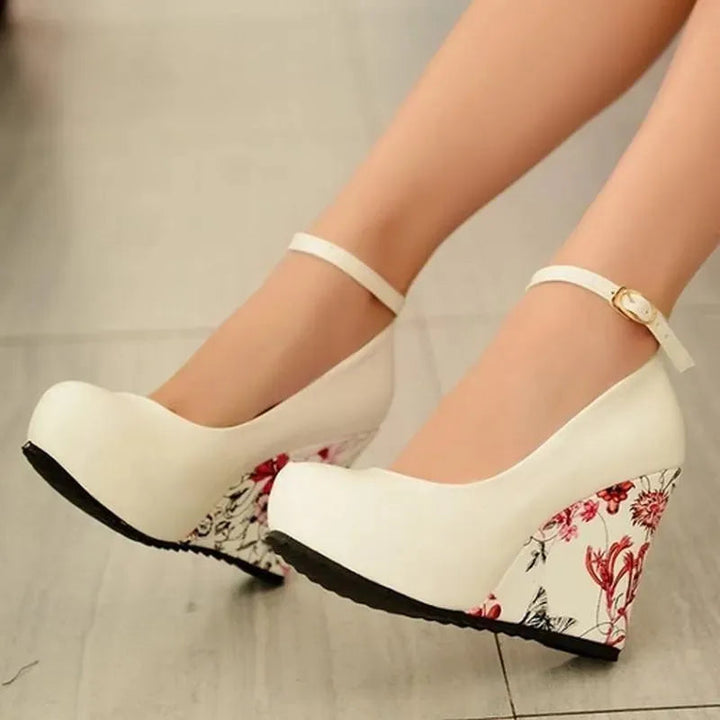 Floral Print Wedge Mary Jane Heels