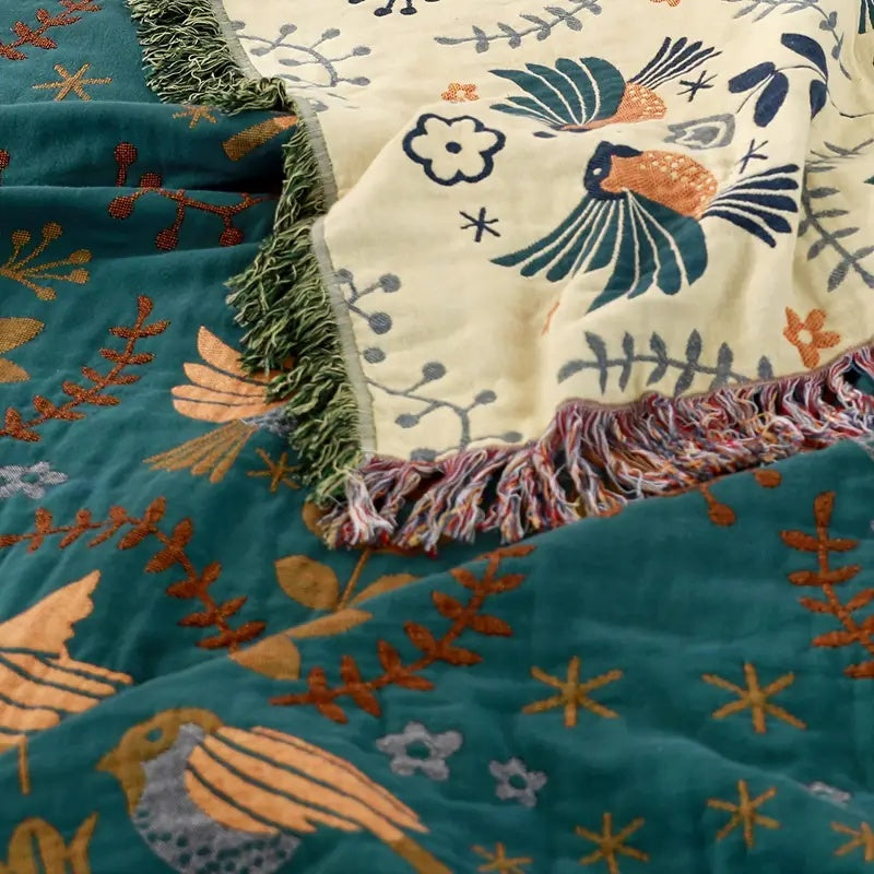 Reversible Teal Bird Throw Blanket