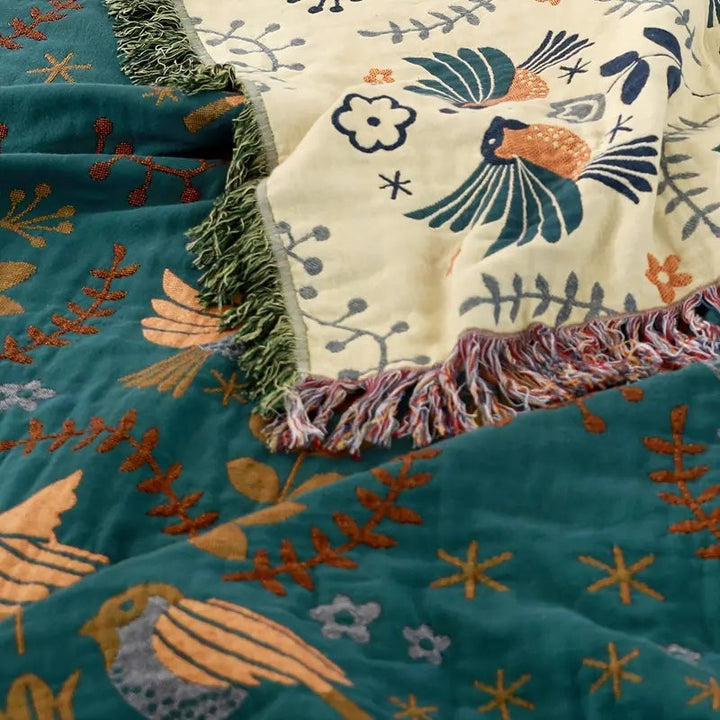Reversible Teal Bird Throw Blanket