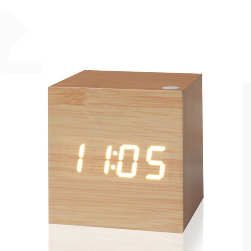 Digital Wood Cube Clock – LED Display with Sound Control