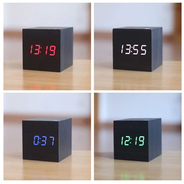 Digital Wood Cube Clock – LED Display with Sound Control