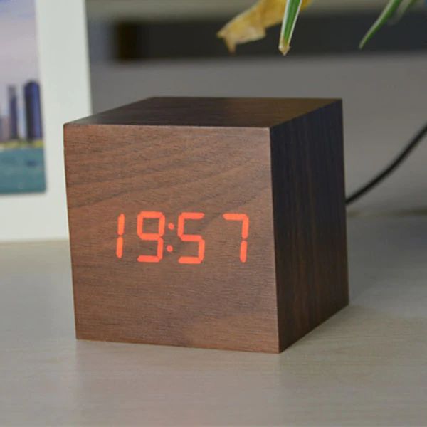 Digital Wood Cube Clock – LED Display with Sound Control