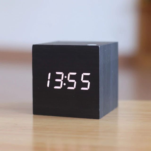 Digital Wood Cube Clock – LED Display with Sound Control