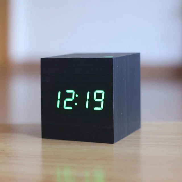 Digital Wood Cube Clock – LED Display with Sound Control