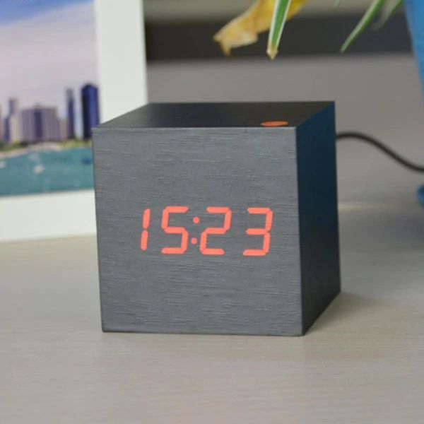 Digital Wood Cube Clock – LED Display with Sound Control