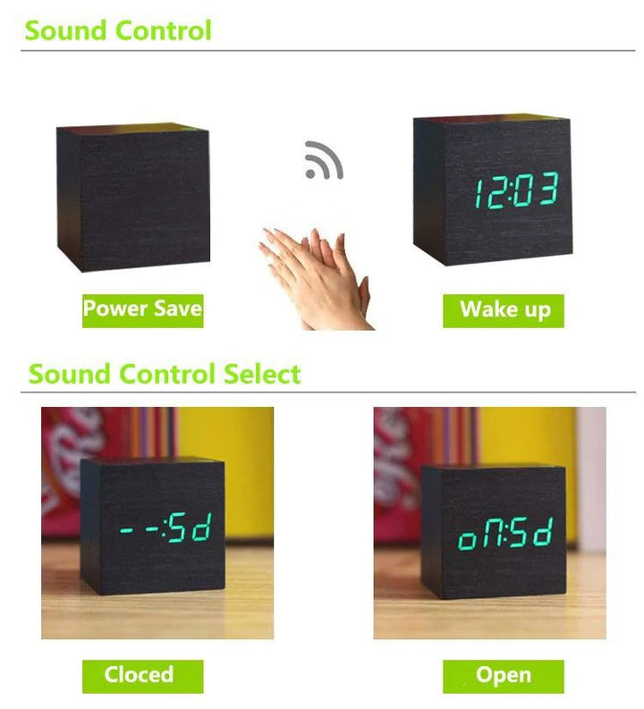 Digital Wood Cube Clock – LED Display with Sound Control