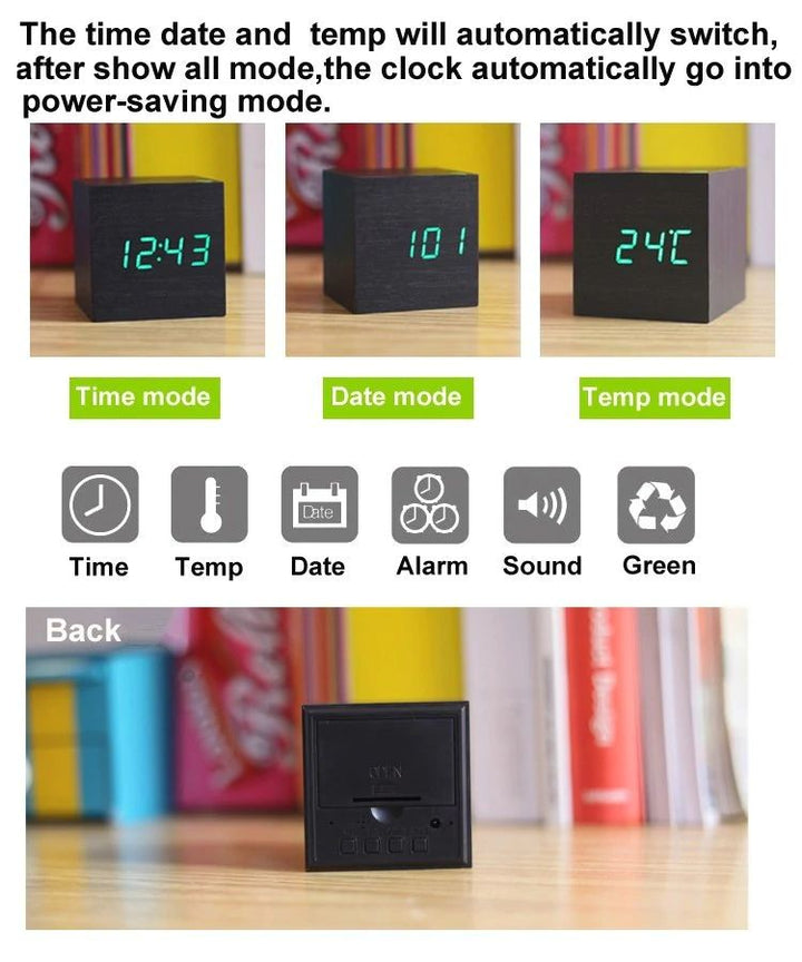 Digital Wood Cube Clock – LED Display with Sound Control